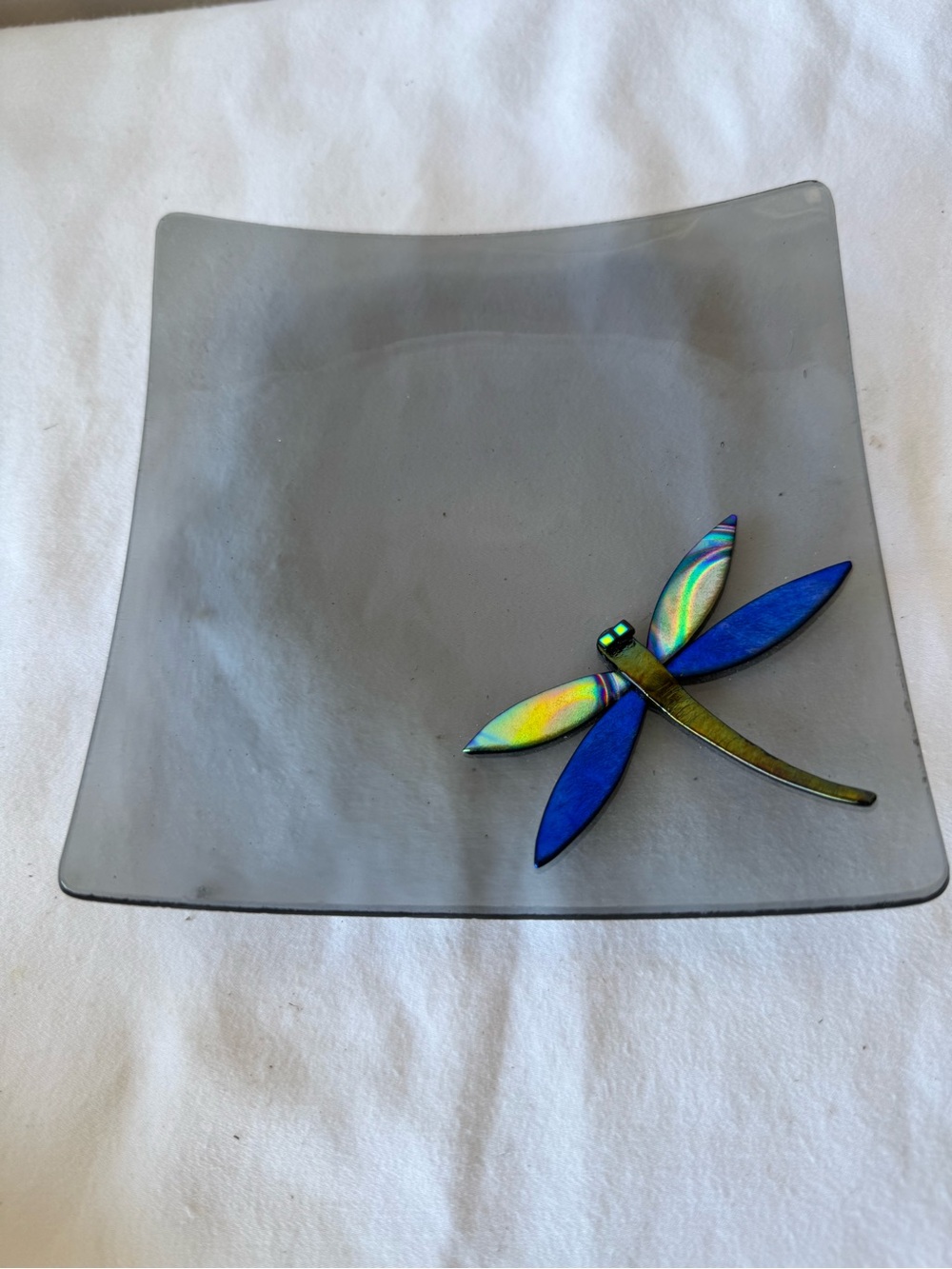fused art glass trinket dish featuring an iridescent dragonfly